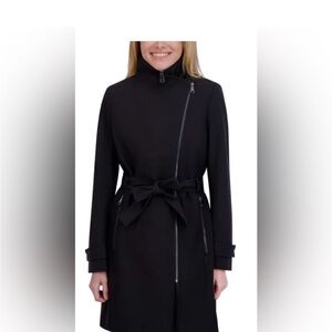 Halston Heritage Black Belted Asymmetrical Zip Trench Coat